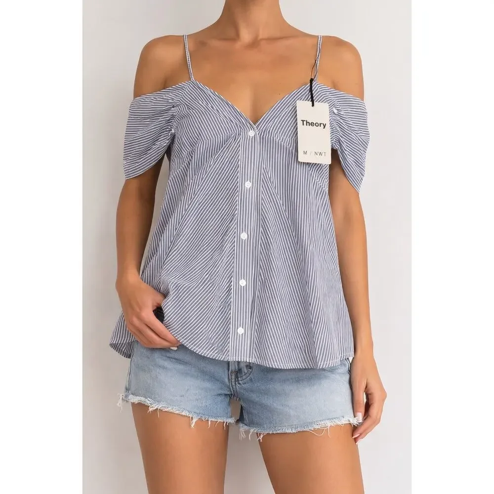 Theory Hartman Stripe Off Shoulder Button Top Size M NWT $265 Retail - Picture 2 of 9